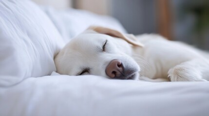 Poster - Peaceful Sleeping Golden Retriever Dog Resting Comfortably on Soft White Bedding : Generative AI
