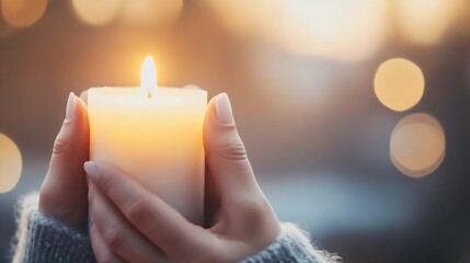 Aufkleber - Warm candlelight held in hands creating a serene atmosphere with a soft glow and bokeh effects : Generative AI
