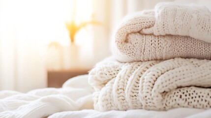 Poster - Cozy Knitted Blankets Stacked on a Bed with Natural Light in a Warm Atmosphere : Generative AI