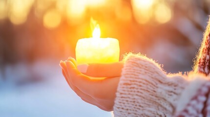 Poster - Delicate Candle Flame Held in Hand with Beautiful Sunset Glow and Warm Atmosphere : Generative AI