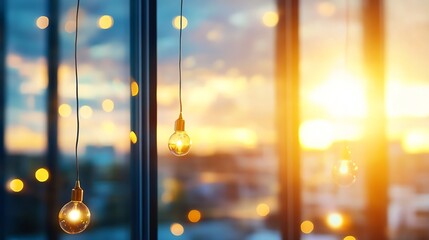 Aufkleber - Elegant Vintage Light Bulbs Hanging against a Beautiful Sunset Background : Generative AI