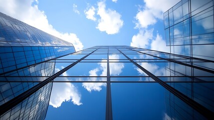 Aufkleber - Modern skyscrapers reflecting fluffy clouds against a vibrant blue sky : Generative AI