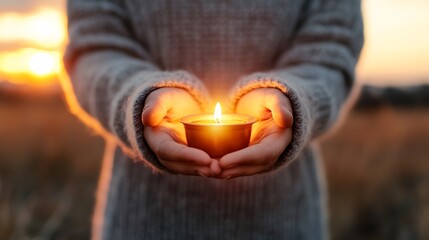 Leinwandbilder - Gentle Hands Holding a Candle Against a Soft Sunset Background for Calmness and Serenity : Generative AI