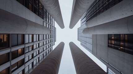Leinwandbilder - Unique view of modern architecture featuring tall concrete pillars and glass buildings above : Generative AI