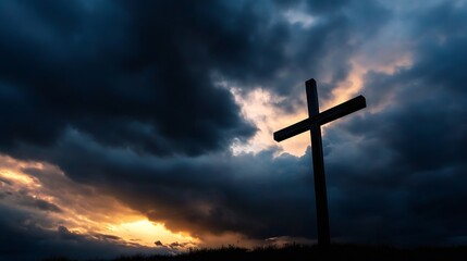 Poster - Silhouette of Wooden Cross Against Dramatic Dark Clouds During Beautiful Sunset with Vibrant Sky : Generative AI