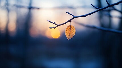 Poster - Beautiful Frosted Leaf Hanging from a Branch at Sunset with Blurred Background : Generative AI