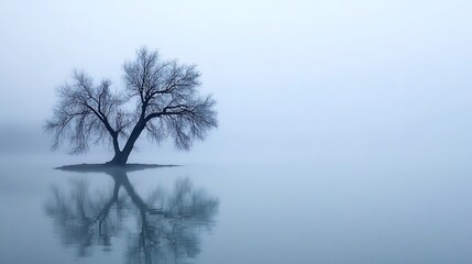 Aufkleber - Lonely tree silhouetted against a misty lake reflecting calm waters on a foggy morning : Generative AI