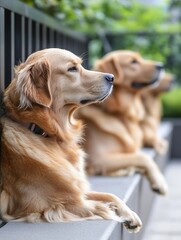 Poster - A tranquil scene featuring golden retrievers relaxing in the sun outdoors : Generative AI