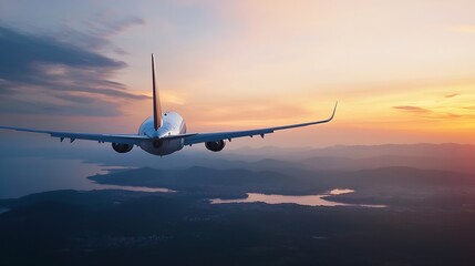 Poster - Airplane in flight during sunset over mountains and water creating a breathtaking aerial view : Generative AI