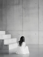 Aufkleber - Woman in white dress sitting on floor against a concrete wall expressing deep contemplation and solitude : Generative AI