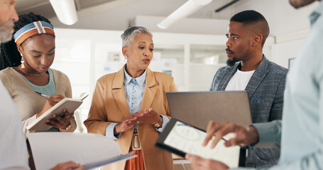 Aufkleber - Senior, manager or business people in meeting with technology for morning feedback or schedule plan. Teamwork, mentor and professional employees with paperwork or tech for brainstorming in office
