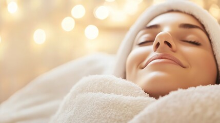Aufkleber - Tranquil Spa Retreat with Relaxed Woman Enjoying Peaceful Atmosphere and Soft Bokeh Lights : Generative AI