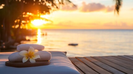Poster - Relaxing spa scene with stacked towels and flower during beautiful sunset : Generative AI