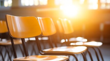 Aufkleber - Sunshine Illuminating Empty Chairs Inside a Bright Classroom : Generative AI