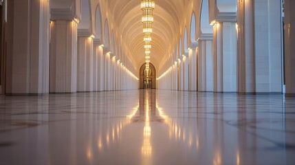 Poster - Elegant and spacious hallway with marble floor and decorative lighting fixtures : Generative AI