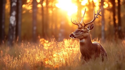 Poster - Majestic deer resting in sunlit grass with a backdrop of a glowing sunset through forest trees : Generative AI