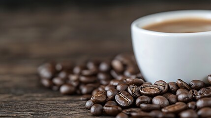 Poster - Rich brown coffee beans scattered around a white cup filled with steaming black coffee : Generative AI