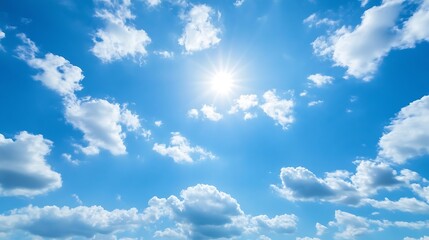 Poster - Bright blue sky filled with fluffy clouds and radiant sunlight shining down on a clear day : Generative AI