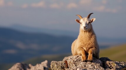 Poster - Closeup of a majestic mountain goat resting on a rocky surface with a blurred background : Generative AI