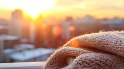 Poster - Cozy Knit Blanket at Sunset with City Background Offering Warm Atmosphere for Comforting Imagery : Generative AI