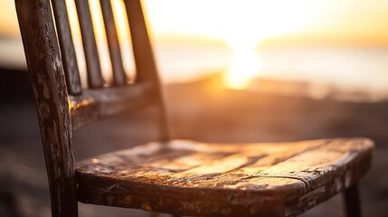Poster - Weathered Wooden Chair Silhouetted Against a Stunning Sunset Evoking Warmth and Nostalgia at the Beach : Generative AI