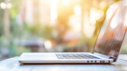 Aufkleber - Modern Laptop on Table with Soft Backlight Creating Dreamy and Bright Atmosphere : Generative AI
