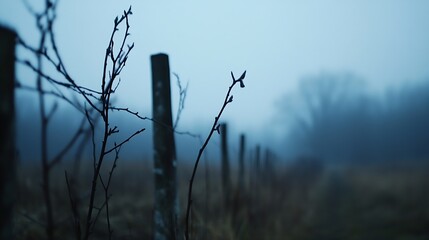 Poster - Delicate branches rise above foggy field creating a haunting and ethereal atmosphere of nature's beauty : Generative AI