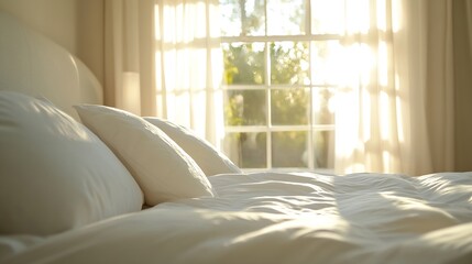 Aufkleber - Bright and Cozy Bedroom with Soft Pillows and Natural Light Through Windows : Generative AI