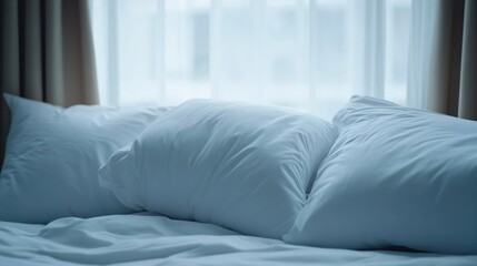 Aufkleber - Comfortable Bed with Soft Pillows and Natural Light Streaming In : Generative AI