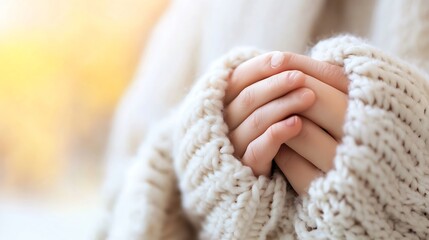 Poster - Gentle Embrace of Soft Hands Wrapped in Cozy Wool Sweater during Autumn : Generative AI