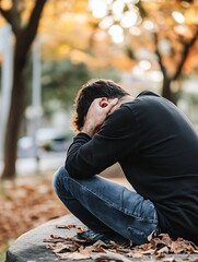 Aufkleber - Man sitting on a stone bench with his head in his hands reflecting feelings of sadness in an autumn park : Generative AI