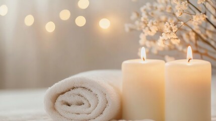 Aufkleber - Serene Spa Setup with Candles and Soft Towel for Relaxation and Selfcare : Generative AI