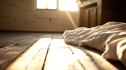 Aufkleber - Sunlit Bedroom Floor with Soft Bedding and Warm Morning Light for Cozy Moods : Generative AI