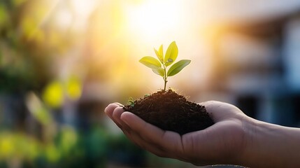 Poster - New Life Sprouting from Earth in a Person's Hand Symbolizing Growth Hope and Environmental Sustainability : Generative AI