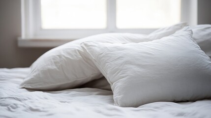 Aufkleber - Fluffy white pillows on a neatly made bed with serene natural light coming through big window creating peaceful mood : Generative AI