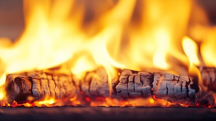 Fototapete - Bright and Warm Flames Dancing Over Logs in a Cozy Fireplace Setting : Generative AI