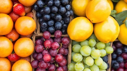 Poster - Vibrant display of fresh fruits including lemons grapes and strawberries arranged beautifully : Generative AI