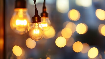 Poster - Vintage Light Bulbs Hanging with Beautiful Bokeh Effect for a Cozy Atmosphere : Generative AI