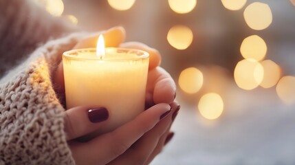 Poster - Warm Candle Light Held in Hands Against a Beautiful Bokeh Background : Generative AI