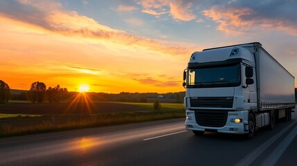 Poster - Heavyduty truck on highway during sunset highlighting transportation and logistics industry : Generative AI