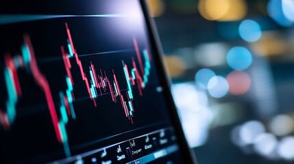 Poster - Closeup view of a technical stock market chart displaying rising trends with colorful candlestick patterns as background : Generative AI