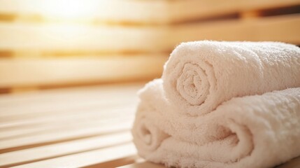 Aufkleber - Luxurious soft white towels neatly rolled on wooden surface in a serene spa setting with gentle lighting : Generative AI