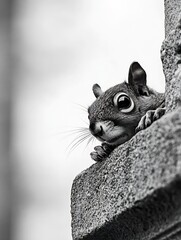 Poster - Captivating black and white image of a curious squirrel peeking around stone structure highlighting wildlife : Generative AI