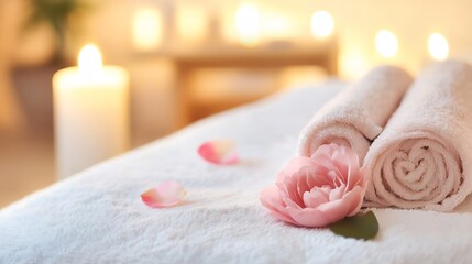 Poster - Relaxing Spa Setting with Soft Towels and a Rose Petal Near Flaming Candles for a Tranquil Atmosphere : Generative AI