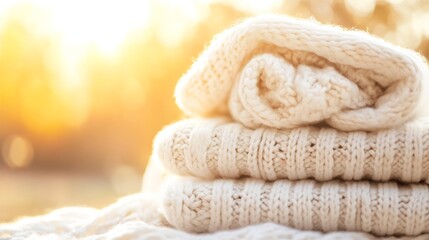 Aufkleber - Stacked Cozy Knit Blankets Ready for a Warm Evening in the Soft Autumn Sunlight : Generative AI