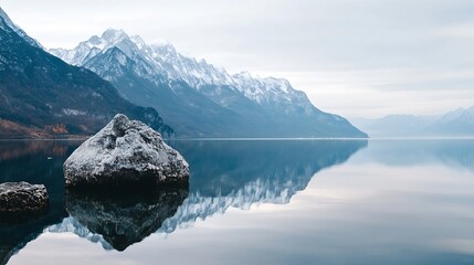 Poster - Majestic Mountain Landscape Reflecting in Tranquil Lake During Overcast Weather : Generative AI