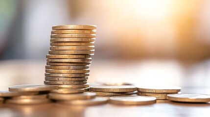 Fototapete - Stacks of gleaming coins display the concept of saving investment and wealth accumulation on a table : Generative AI