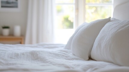 Aufkleber - Cozy and inviting bedroom with white linens and bright sunlight streaming through the window : Generative AI