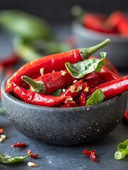 Aufkleber - Vibrant red chili peppers mixed with green basil leaves in a rustic stone bowl on a dark background : Generative AI