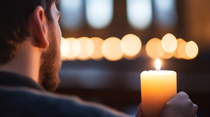 Aufkleber - Man Holding Candle in Dim Light with Blurred Background of Lit Candles : Generative AI